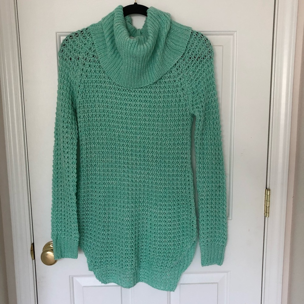 Mint Waffle Knit Turtleneck Sweater Dress